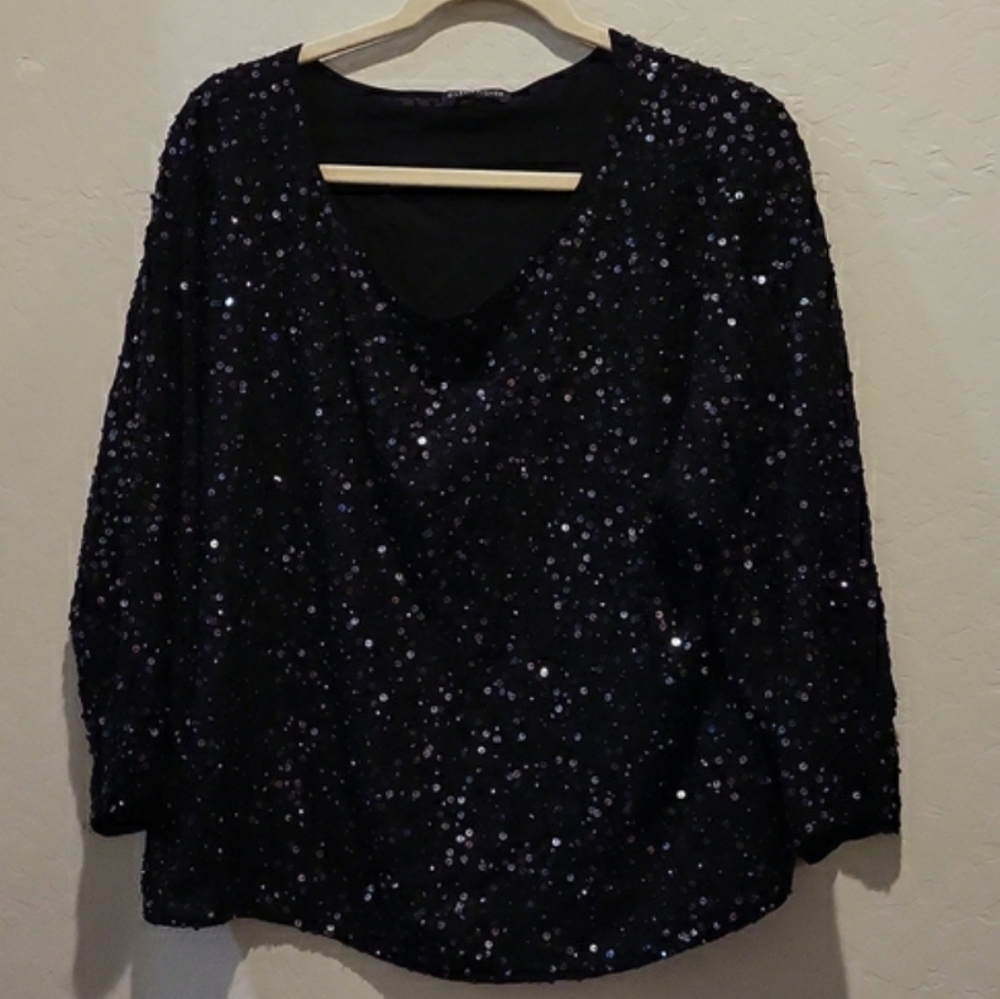 Eileen Fisher Scoop Neck Box Top Sparkle 3 Quarter Length Sleeve Black Size M/L